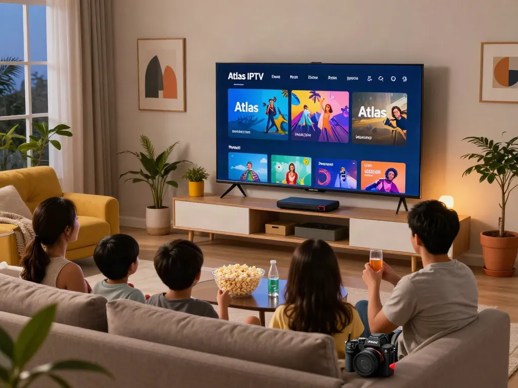Une famille profitant de leur soirée cinéma avec Atlas IPTV dans un salon moderne, écran de télévision et ambiance chaleureuse.