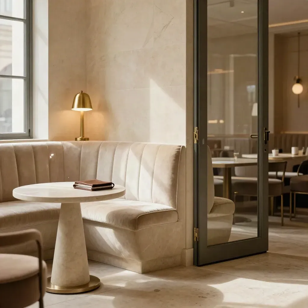 Salon privé élégant avec banquette en velours ivoire, porte vitrée et lampes en laiton.