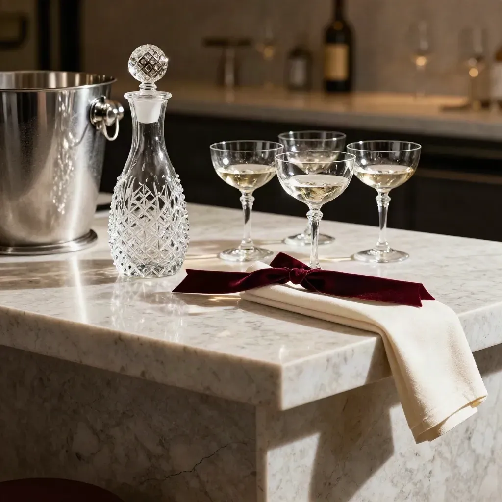 Bar VIP dressé avec coupes, seau à glace et carafe sur travertin, lumière rasante.
