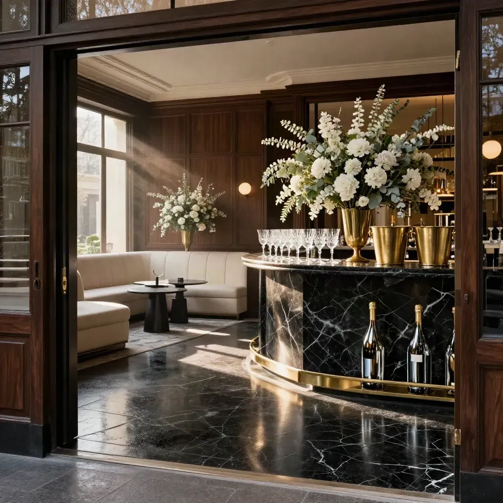 Salon de réception luxueux en marbre noir, banquettes ivoire et champagne, lumière rasante.