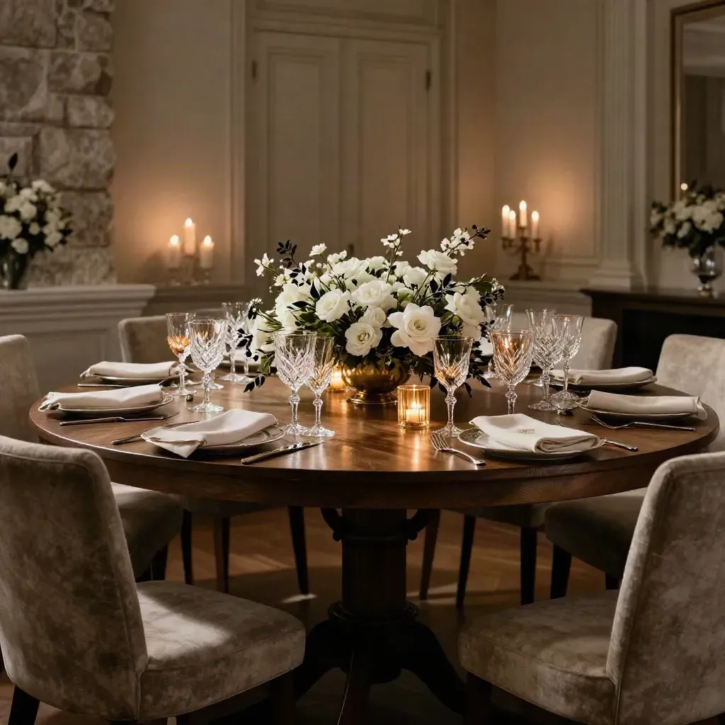 Table ronde dressée pour douze dans une salle de dîner privée, cristal, fleurs blanches et chandeliers.