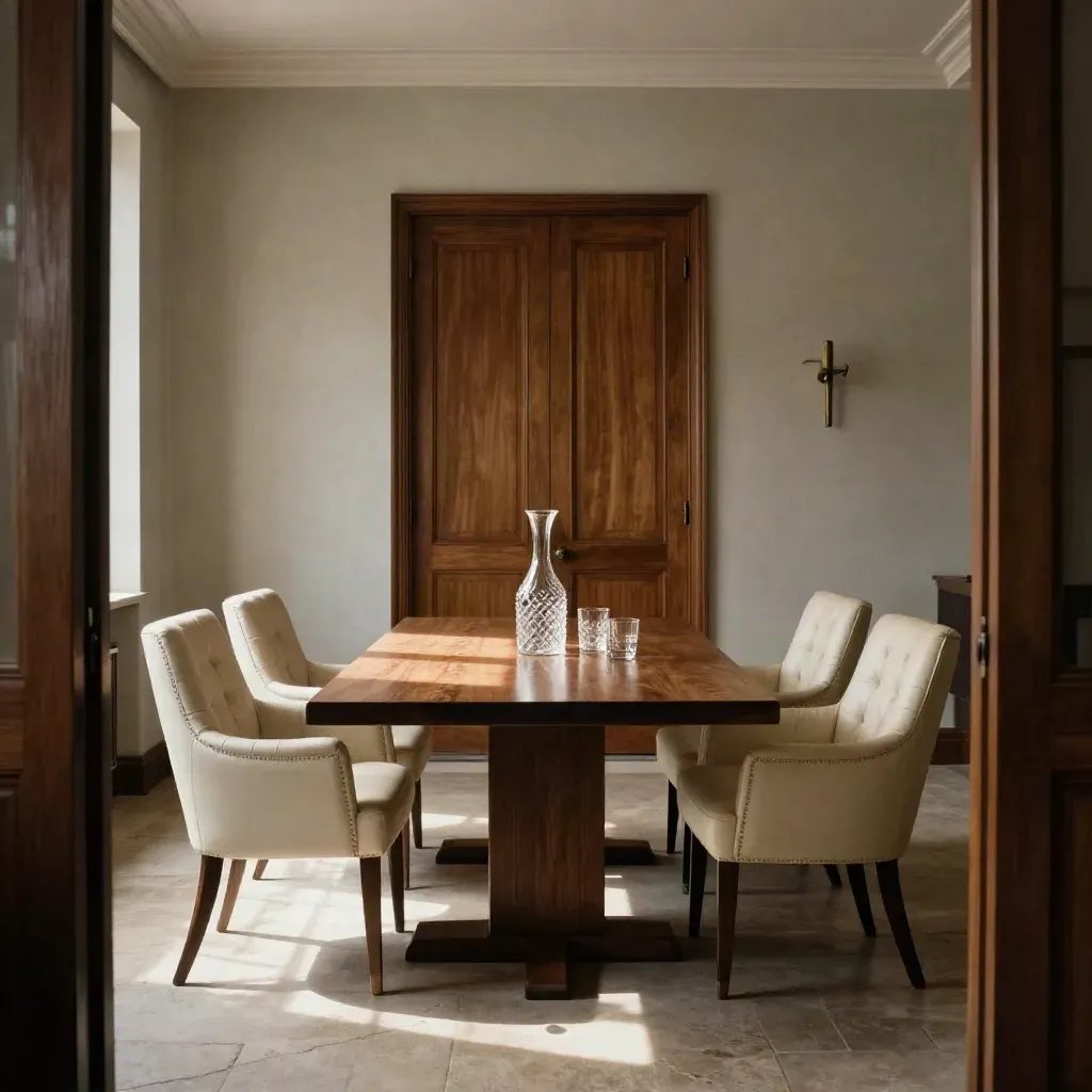 Salle de réunion vide en noyer avec fauteuils capitonnés, carafe en cristal et lumière chaude.