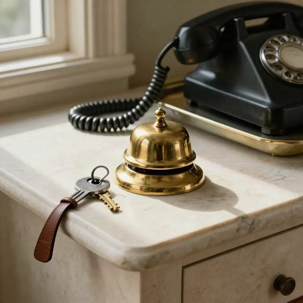 Console de conciergerie en pierre, sonnette en laiton, clés et téléphone rétro