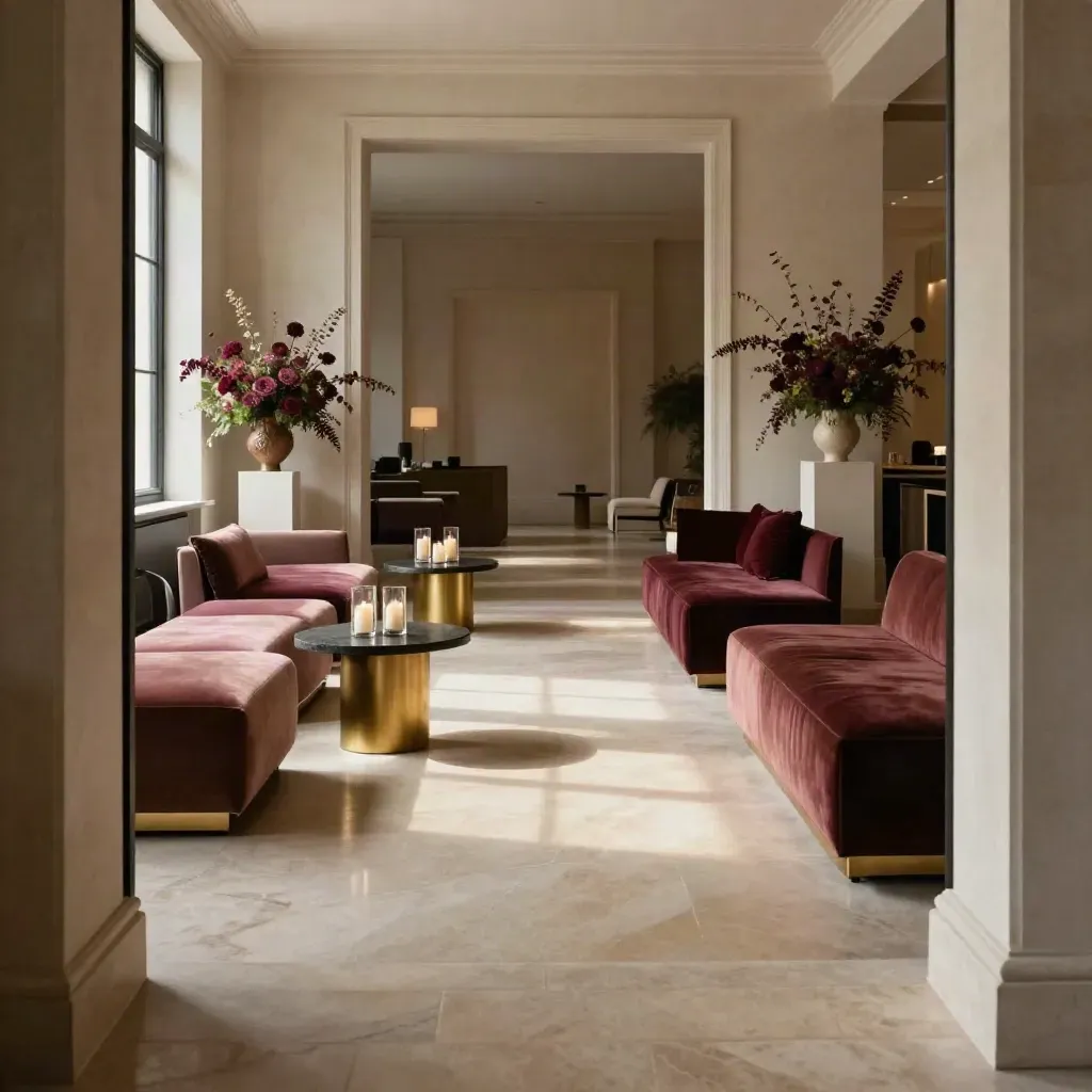 Hall de réception pour événement privé, salons mobiles, bougies et fleurs bordeaux.