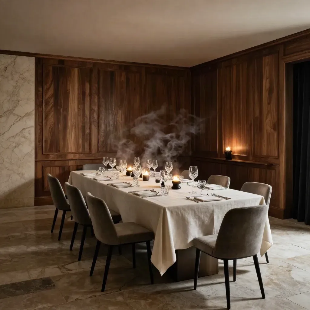 Salle privée terminée pour un dîner financier, longue table dressée, chandelles et cristal, vide.