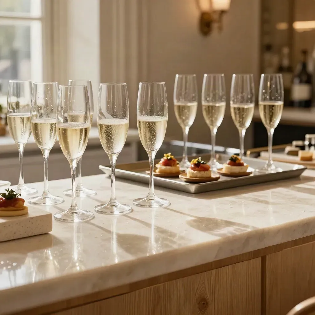 Comptoir de cocktail presse avec flûtes alignées, verrerie et bouchées, lumière chaude de fenêtre.