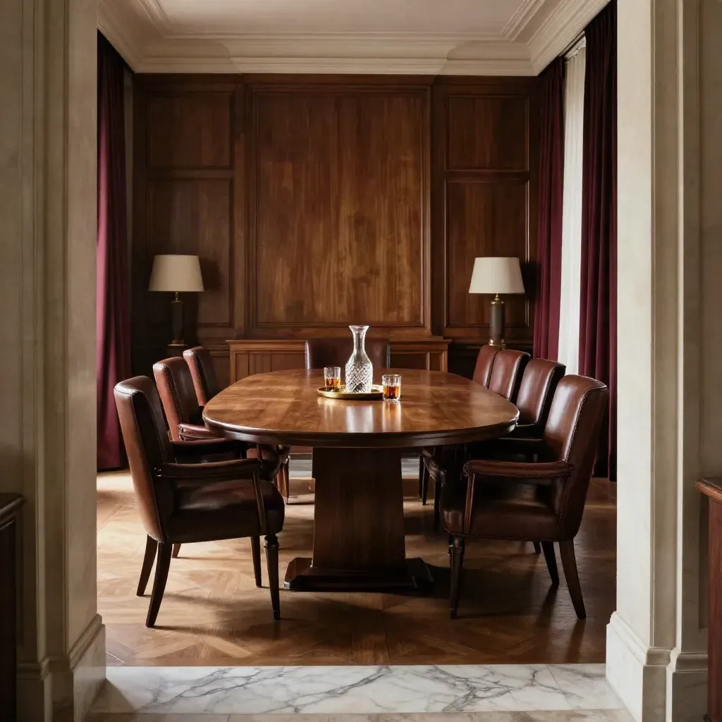 Salle de conseil vide avec table ovale en noyer, fauteuils cuir et carafe en cristal.