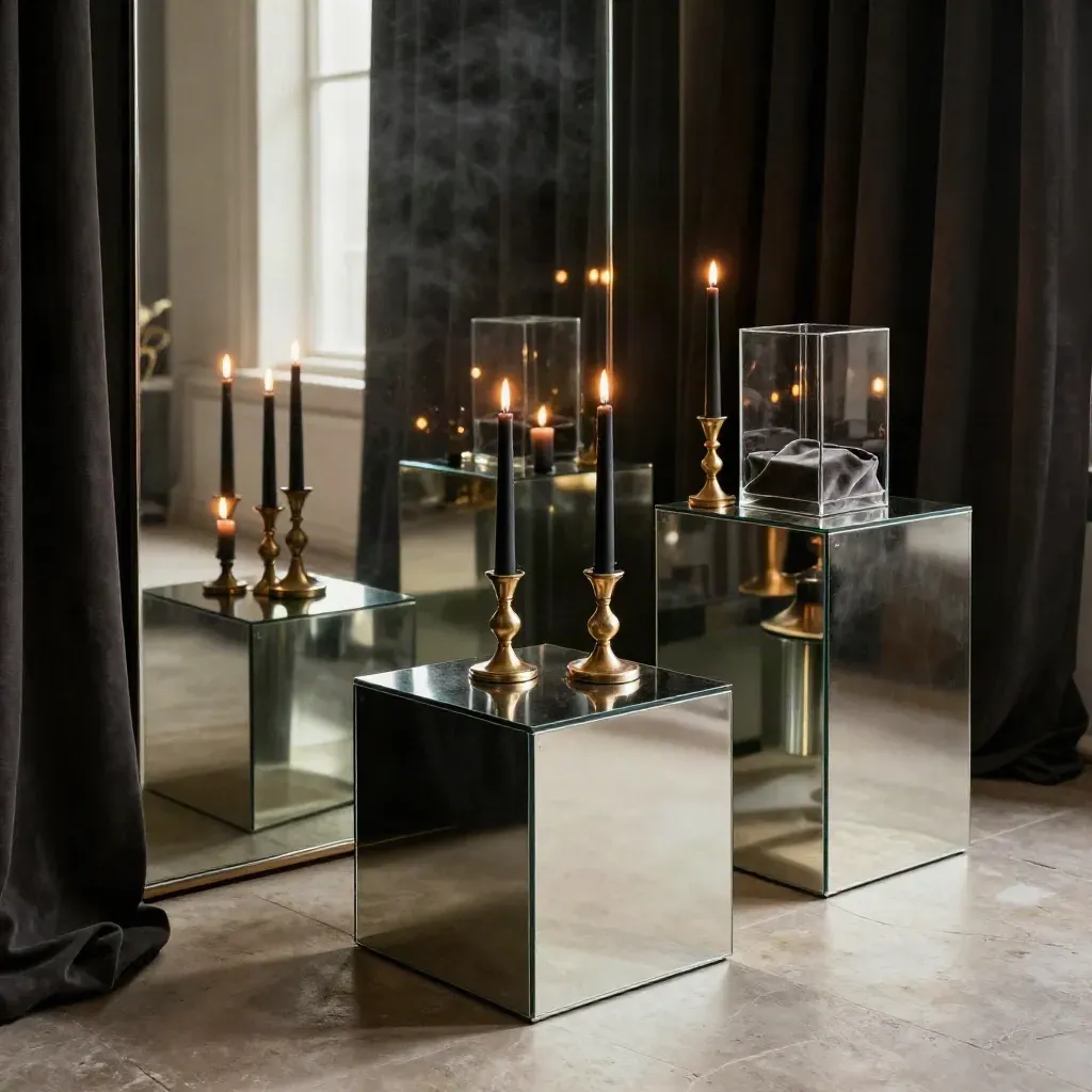 Espace de lancement beauté nocturne avec socles miroir, bougies et vitrines vides dans une brume chaude.
