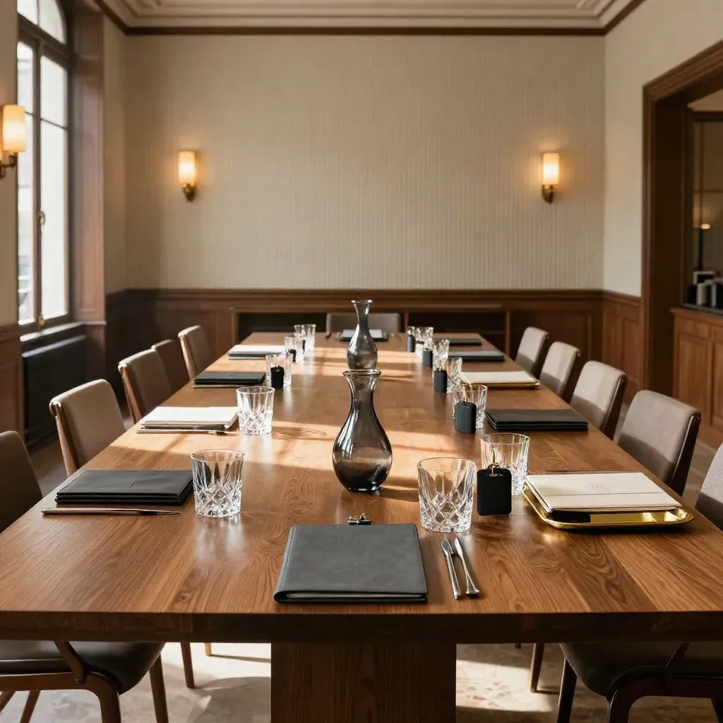 Salle d’assemblée d’investisseurs fermée, carafes, badges et protocole rangés, lumière chaude.