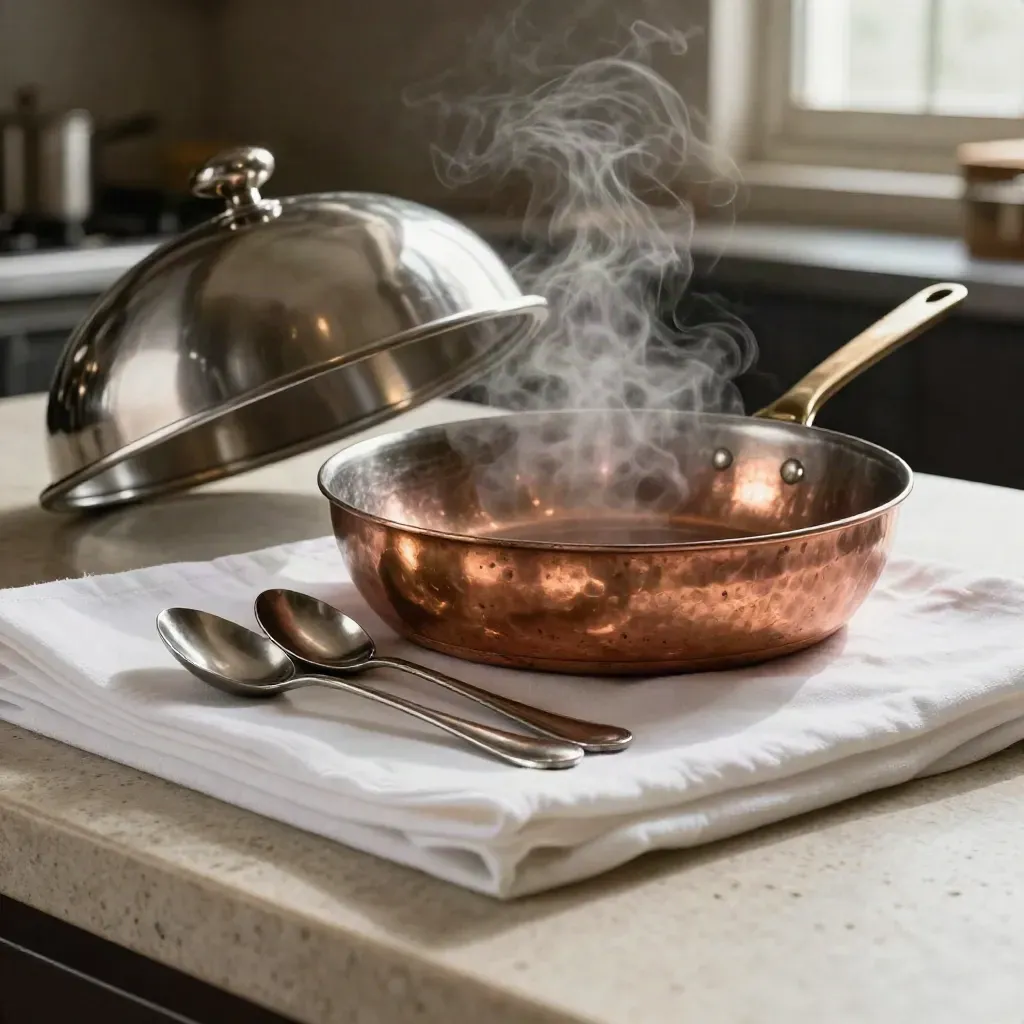 Sauteuse en cuivre, cloche et cuillères de dégustation sur linge blanc, vapeur discrète.