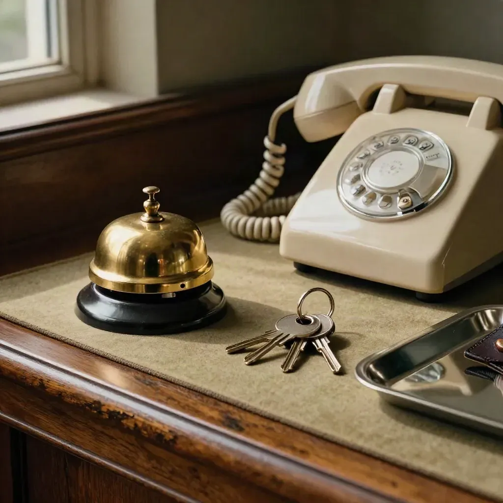 Sonnette, téléphone rétro, clés et plateau poli sur un comptoir de conciergerie en lumière chaude.