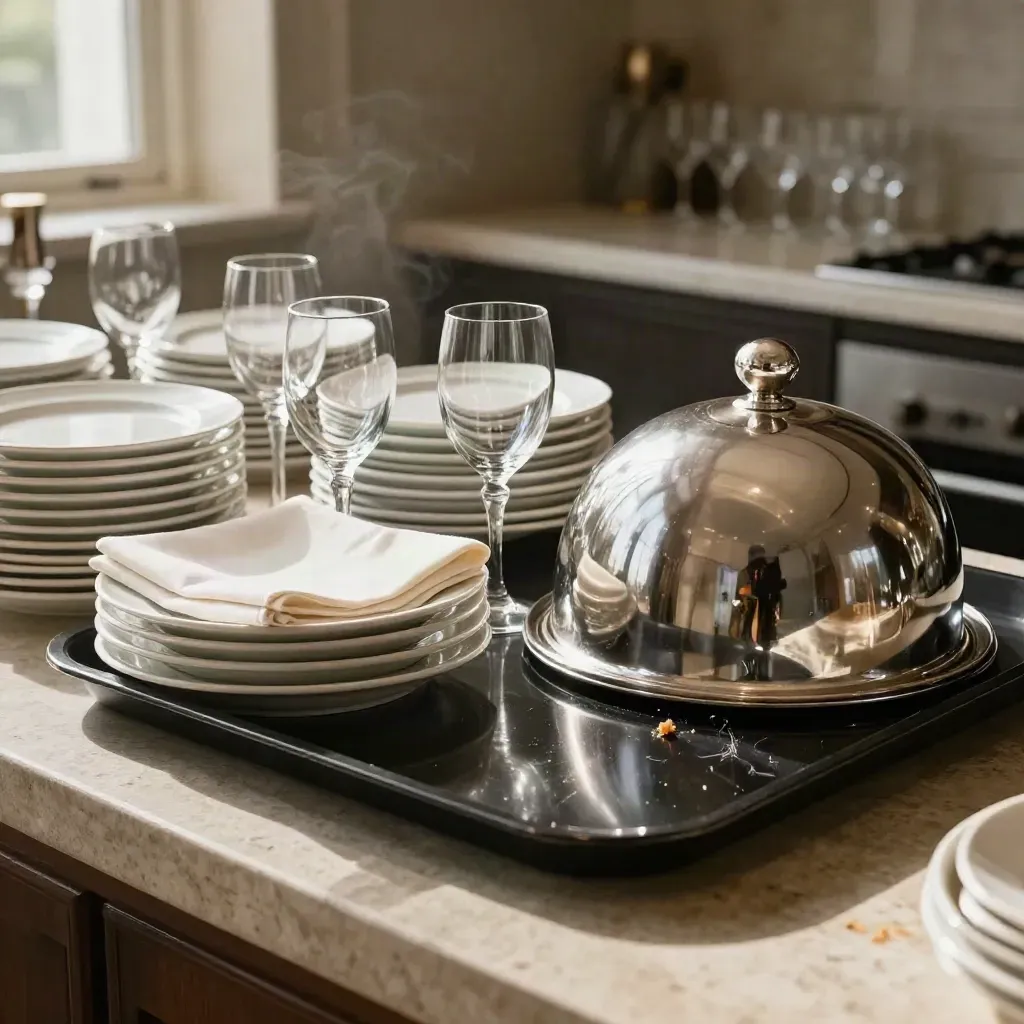 Assiettes, serviettes, verres et cloche sur un comptoir de service en pierre.