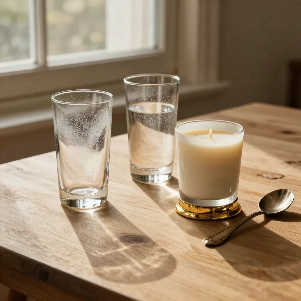 Échantillons de lin, verre d’eau, bougie basse et cuillère de service sur chêne clair.