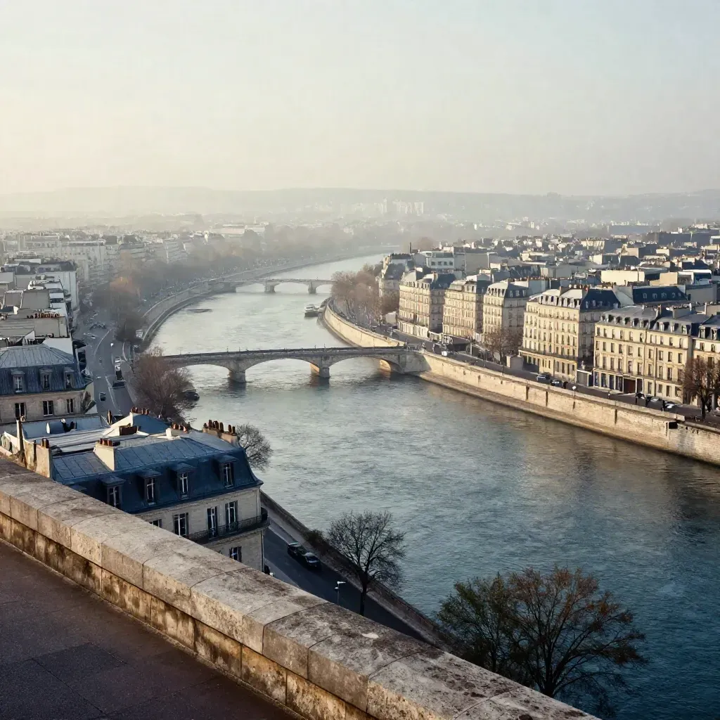 Vue aérienne de Paris Centre à l’aube, Seine brumeuse et toits de l’Île de la Cité