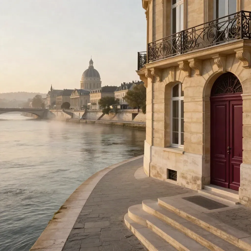Quais de la Rive Gauche au soleil couchant, dôme lointain et brume chaude sur la Seine.