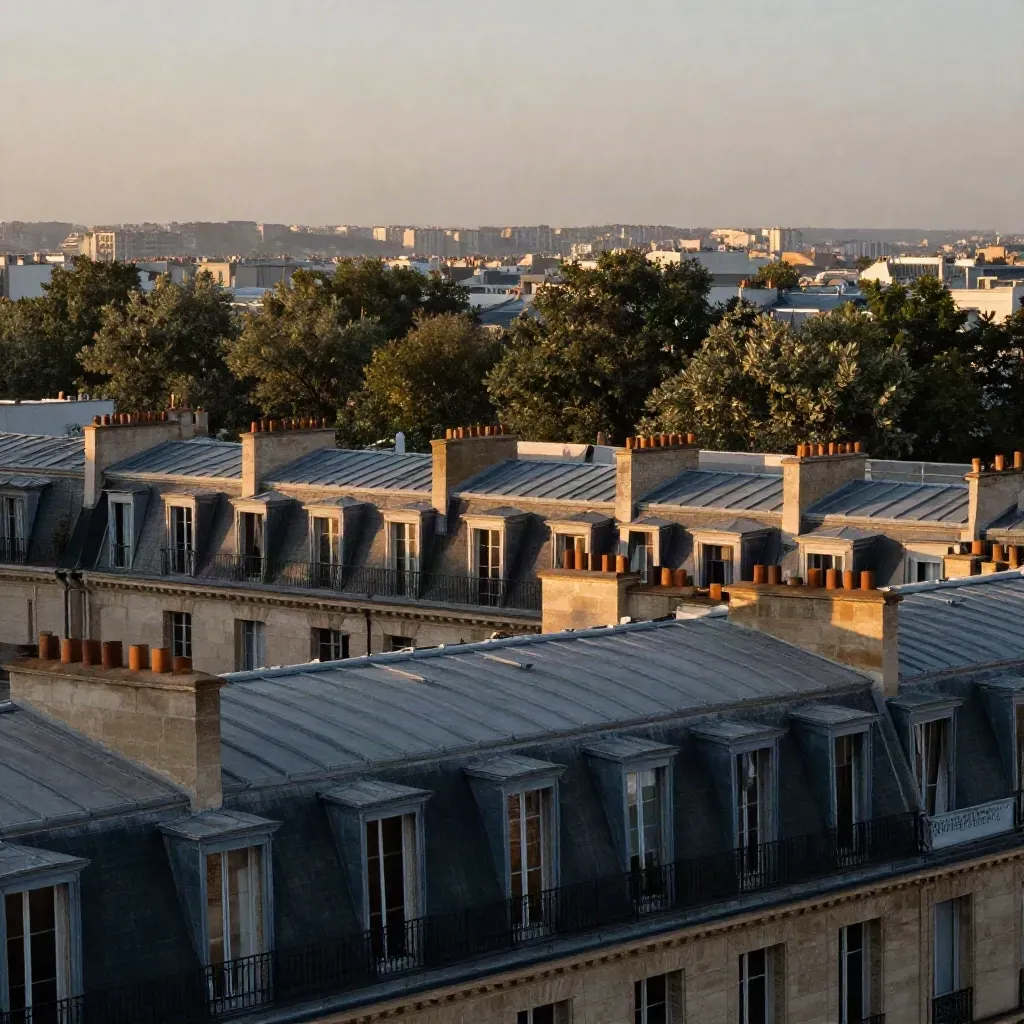 Toits haussmanniens de l’ouest parisien au crépuscule, vue urbaine calme et élégante.