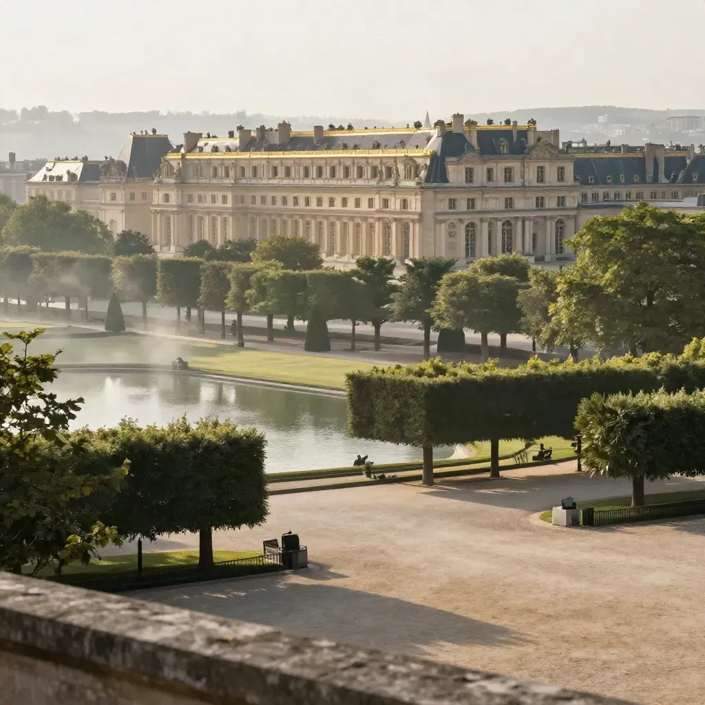 Toits de Versailles au-dessus d’un parc brumeux sous la lumière du matin.